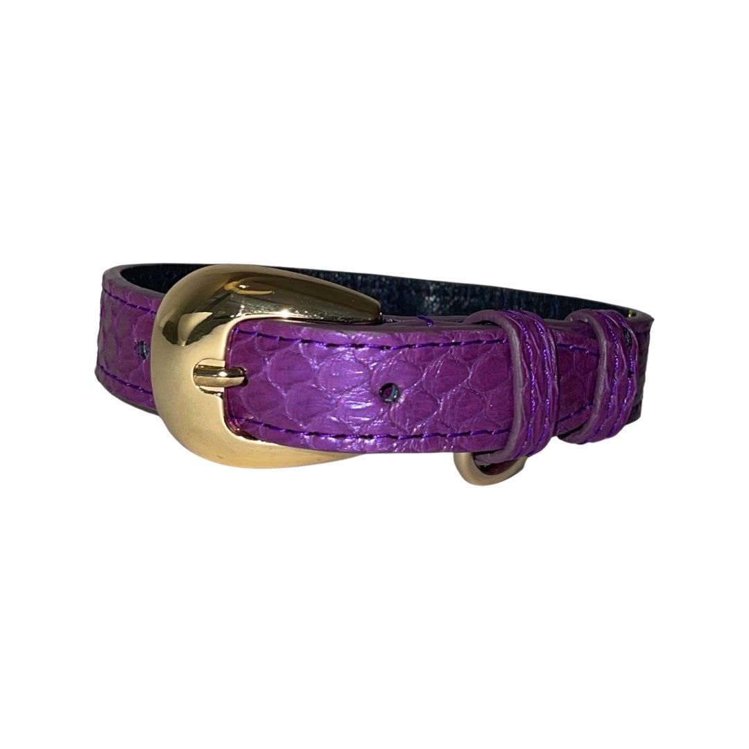 Iridescent purple dog collar with gold custom Italian hardware displayed on a white background.