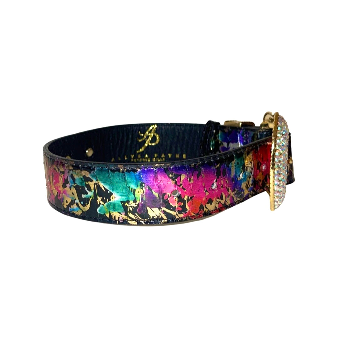 Colorful snake collar with a vibrant mix of blue, pink, purple, and gold hues, featuring a gold buckle adorned with sparkling Swarovski crystals.