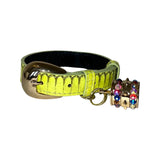 Light neon green snake-textured dog collar with a gold metal oval buckle and two colorful rhinestone-studded charm rings attached.