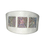 Matte White Snake 4” Wide Collar with three Swarovski crystal rivets displayed on black background