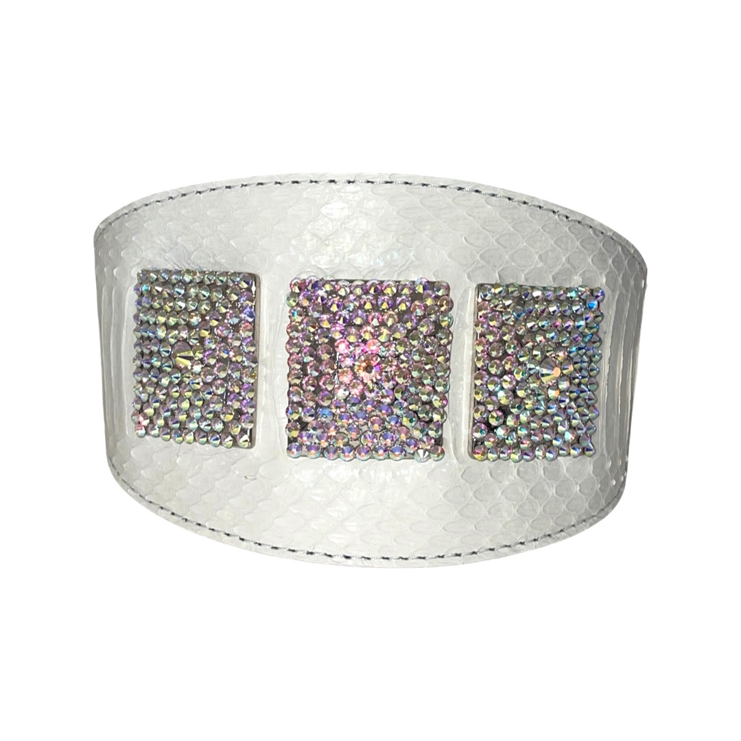 Matte White Snake 4” Wide Collar with three Swarovski crystal rivets displayed on black background