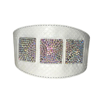 Matte White Snake 4” Wide Collar with three Swarovski crystal rivets displayed on black background