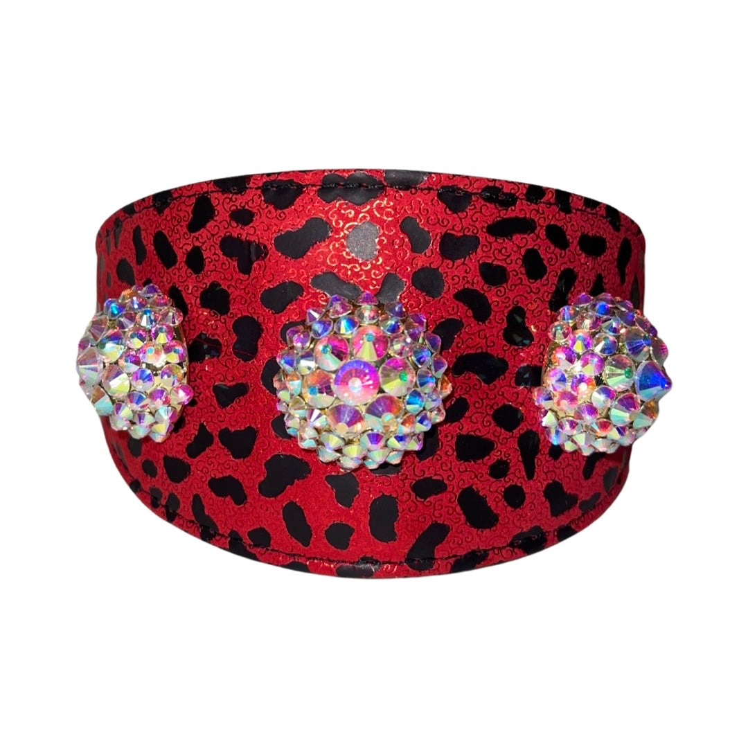 Glam Red & Black Leopard Print Collar with Custom Swarovski Crystal Rivets