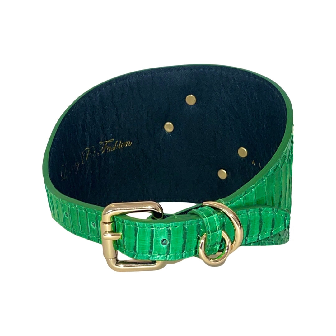 Bright green textured collar resembling snake skin with gold buckle and D-ring, shown inside out to reveal black interior and gold rivets.