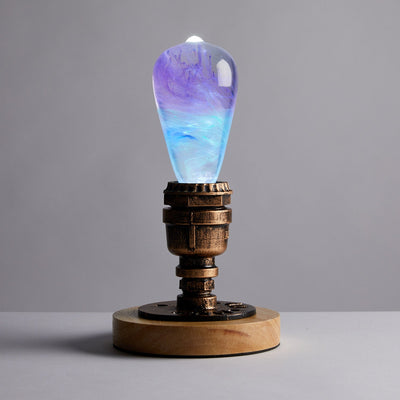 EP Light vintage resin lamp with round wooden base and LED bulb