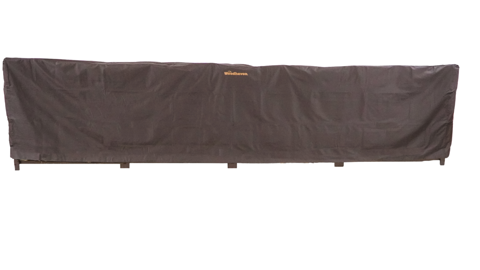 Woodhaven Full Firewood Rack Cover on firewood rack in outdoor setting