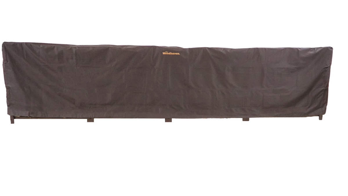 Woodhaven Full Firewood Rack Cover on firewood rack in outdoor setting