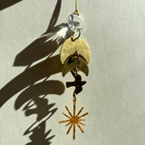 West of the Moon Ornament with hammered brass and vintage glass crystal hanging
