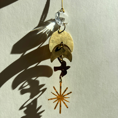 West of the Moon Ornament with hammered brass and vintage glass crystal hanging