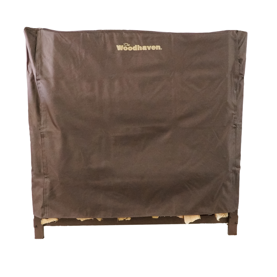 Woodhaven Full Firewood Rack Cover on firewood rack in outdoor setting