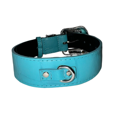 The Tiffany Collection. Gorgeous Turquoise Blue Embossed Croc Italian Leather Collar with Custom Silver Swarovski Crystal Hardware