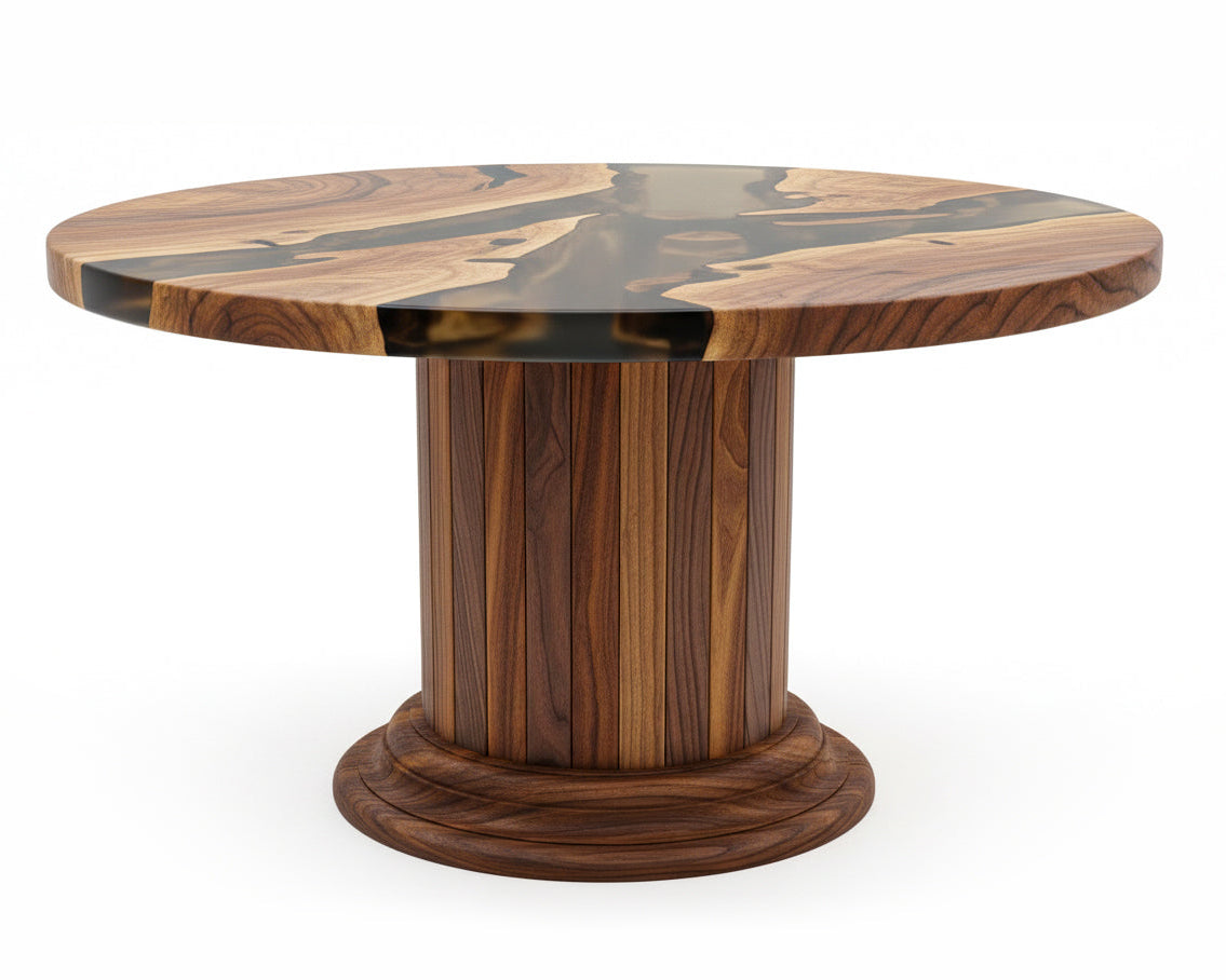 Round Dining Table with Solid Wood Drum Pedestal Base by Gizz - main product image for Resin Society