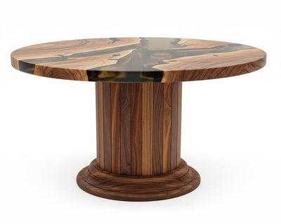 Handcrafted round dining table with walnut wood top and solid wood drum pedestal base featuring custom epoxy resin inlay