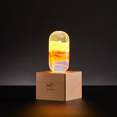 Handcrafted flame resin LED table lamp with wooden cube base