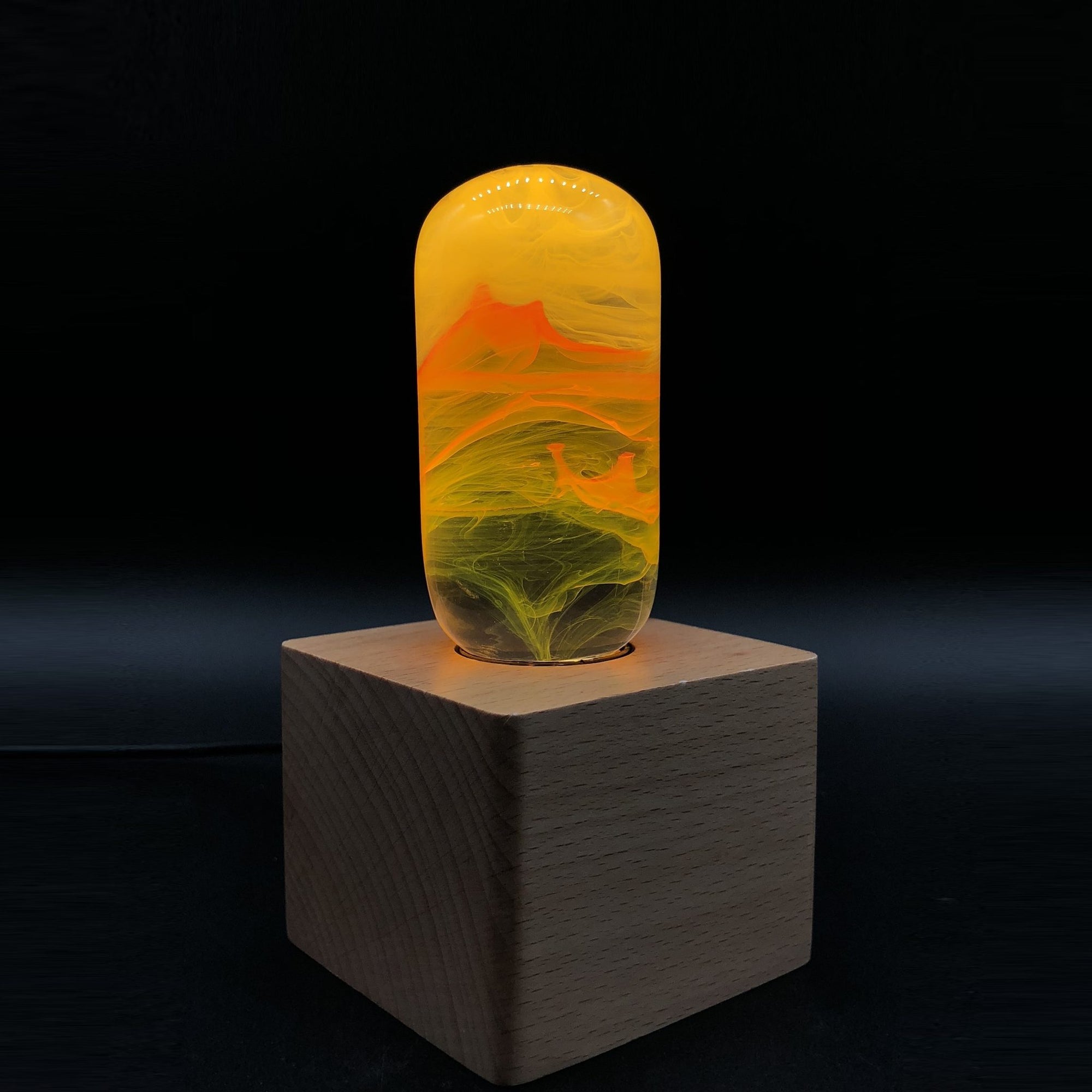 Handcrafted flame resin LED table lamp with wooden cube base