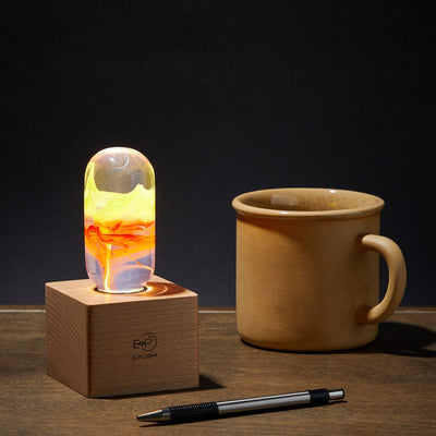 Handcrafted flame resin LED table lamp with wooden cube base