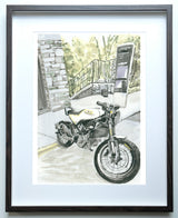 Watercolor painting of a classic Husqvarna motorcycle parked on a sidewalk near stone steps and a metal railing, with soft green foliage in the background.
