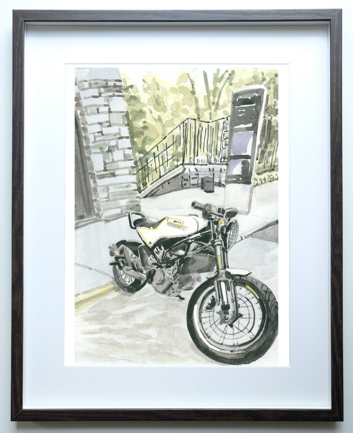 Watercolor painting of a classic Husqvarna motorcycle parked on a sidewalk near stone steps and a metal railing, with soft green foliage in the background.