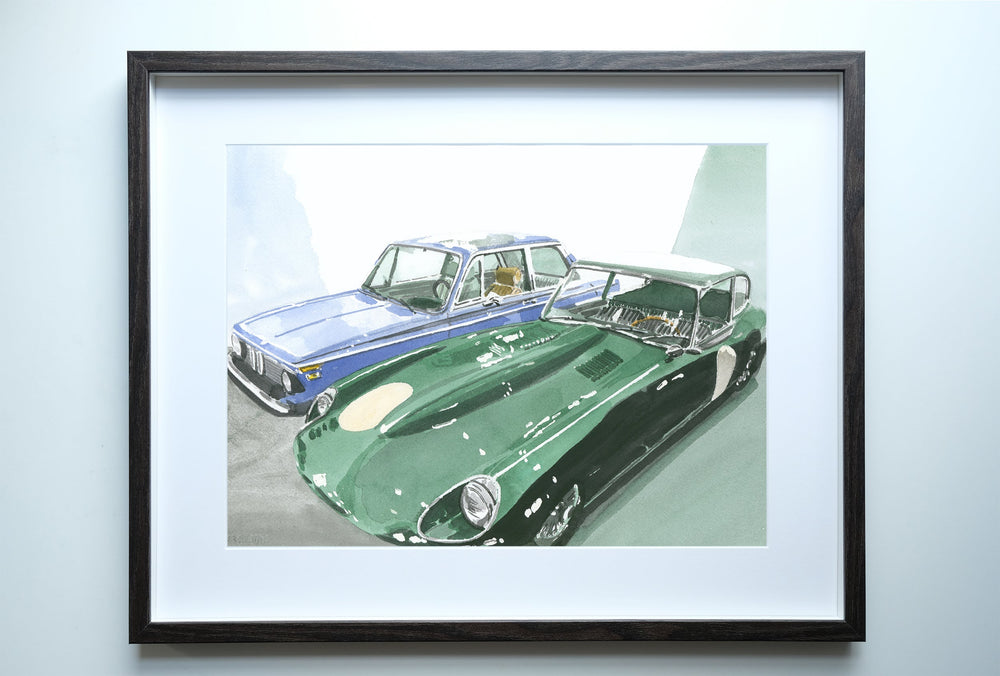 Jaguar E-Type and BMW 2002 Painting, Classic Cars, Watercolor, Print by Art By Francis - product image 2 for Resin Society
