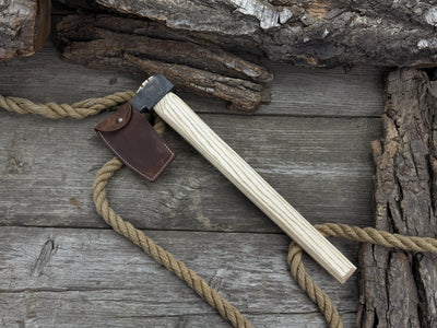 Hand-forged carpenter's axe with belt loop and leather sheath