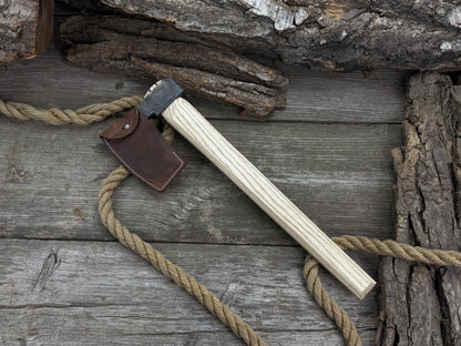 Hand-forged carpenter's axe with belt loop and leather sheath