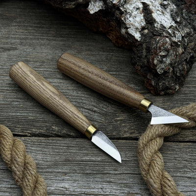 2-Piece Chip Carving Knife Set with hand-forged blades and ash wood handles