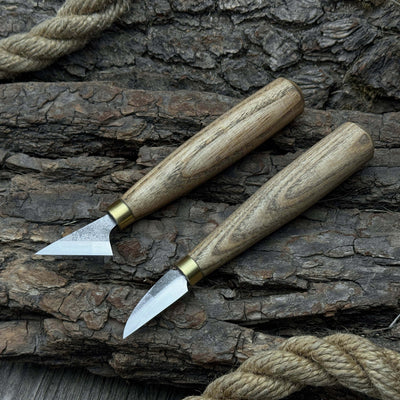 2-Piece Chip Carving Knife Set with hand-forged blades and ash wood handles