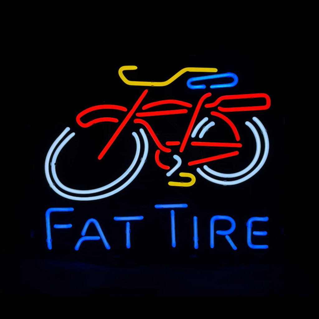 Fat Tire Bicycle neon sign glowing in blue and red variants