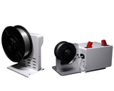 White Automatic Welding Wire Feeder TS1-5 with large black wire spool, featuring ventilation slots and red adjustment knobs, shown from front and side views.