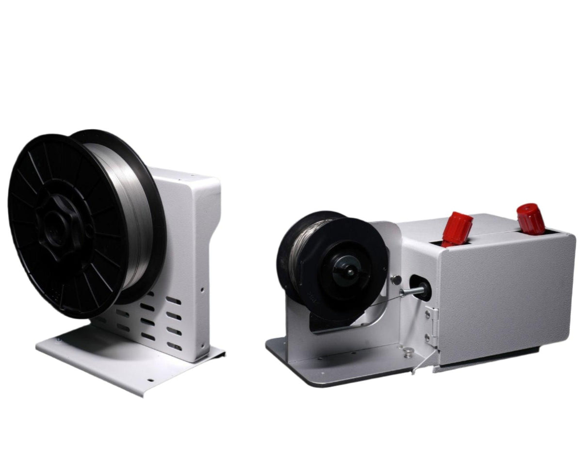 White Automatic Welding Wire Feeder TS1-5 with large black wire spool, featuring ventilation slots and red adjustment knobs, shown from front and side views.