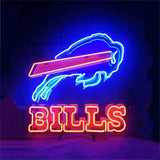 Neon sign featuring a blue buffalo figure with a red streak across it above the word 'BILLS' in red and yellow neon letters against a dark background