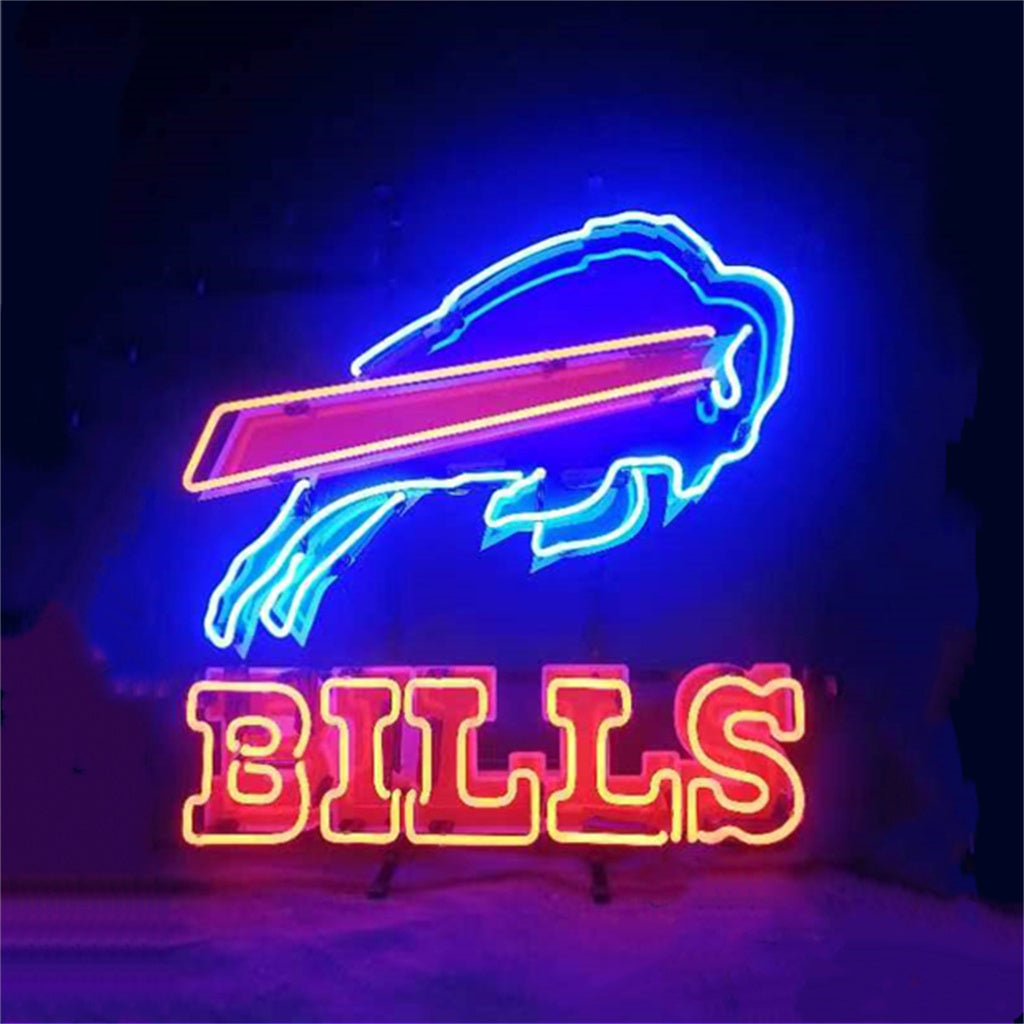 Neon sign featuring a blue buffalo figure with a red streak across it above the word 'BILLS' in red and yellow neon letters against a dark background