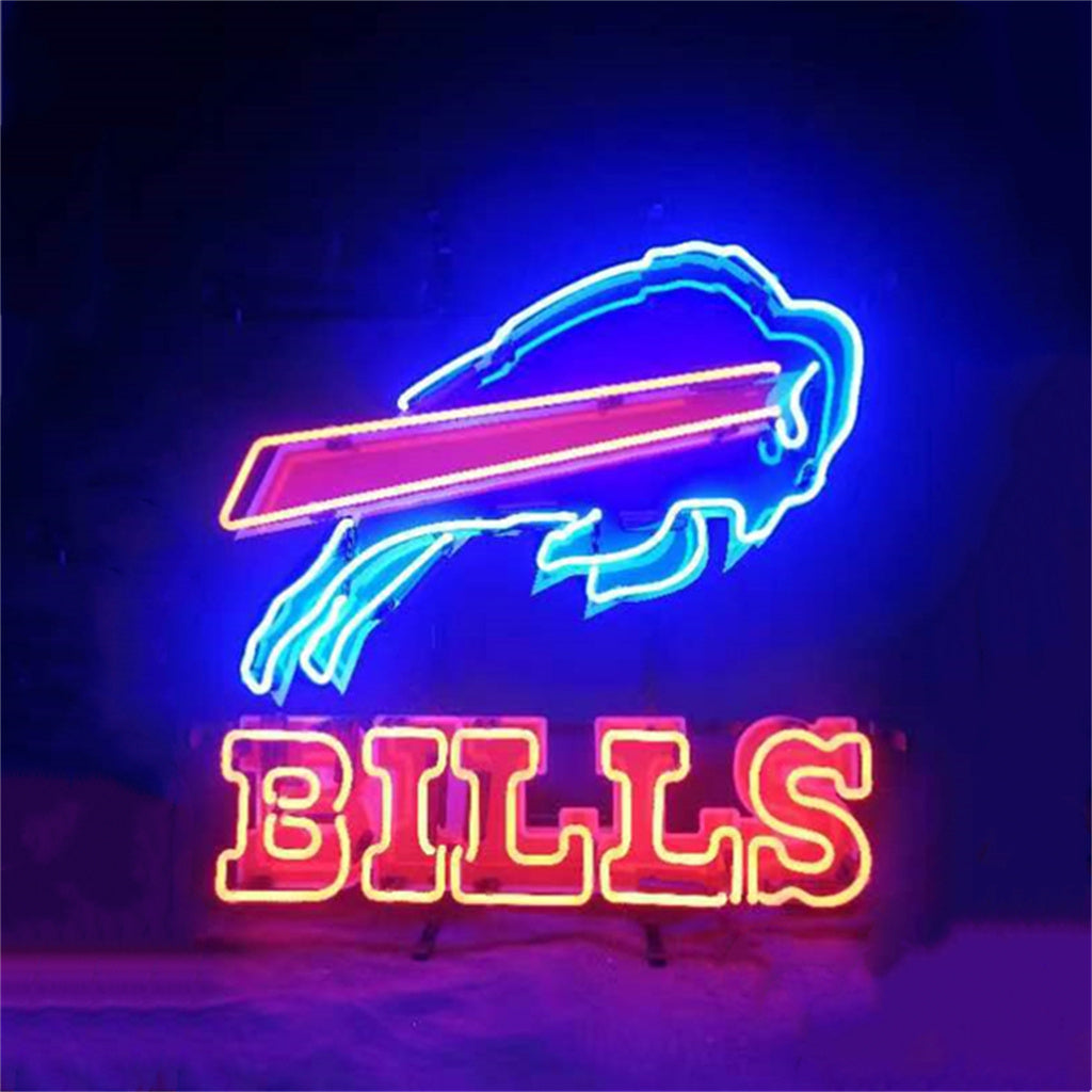 Fighting Bull Buffalo Bills Neon Signs Light displayed, glowing in blue and red colors.