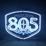 Firestone Walker 805 Brewing Company Neon Sign Light displayed on a wall, showing bright glass tubing and metal grid backing