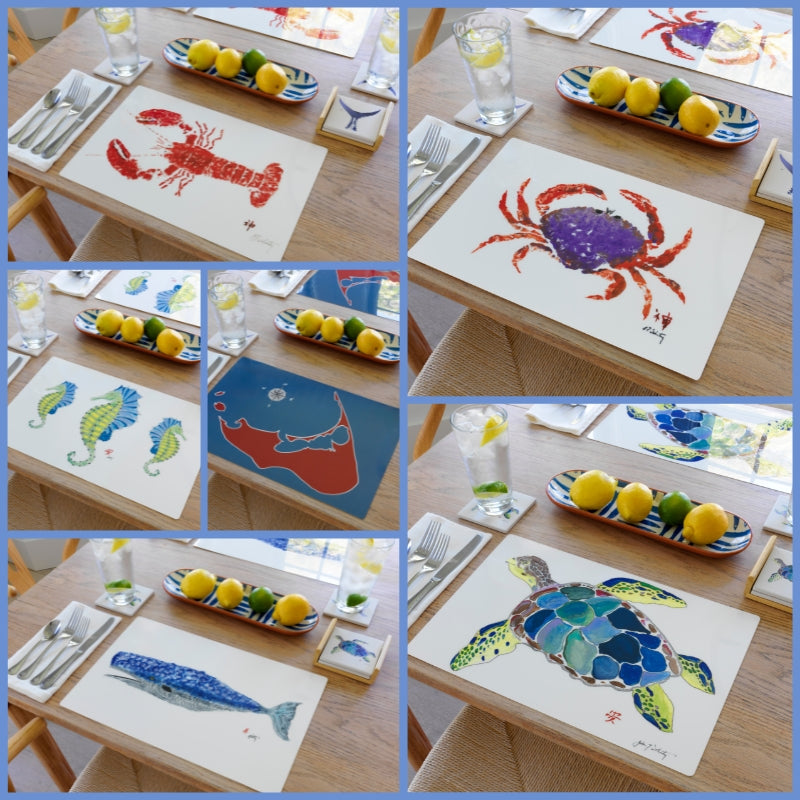 Red Lobster Placemat with bold red lobster print on a coastal-themed table
