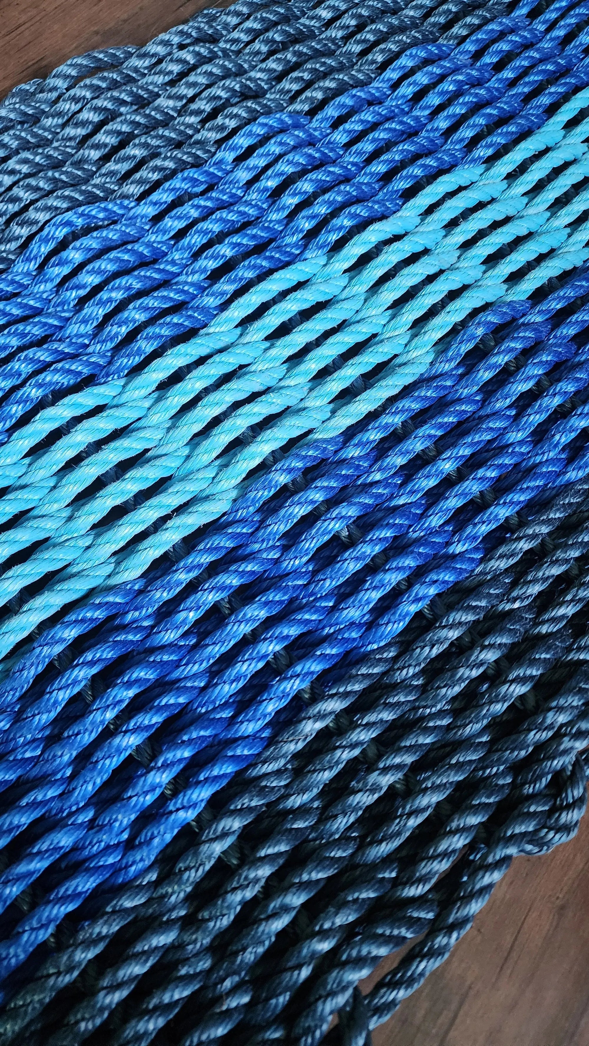 Handmade Five Stripe Rope Mat in Navy Blue, Blue, and Light Blue by Little Salty Rope