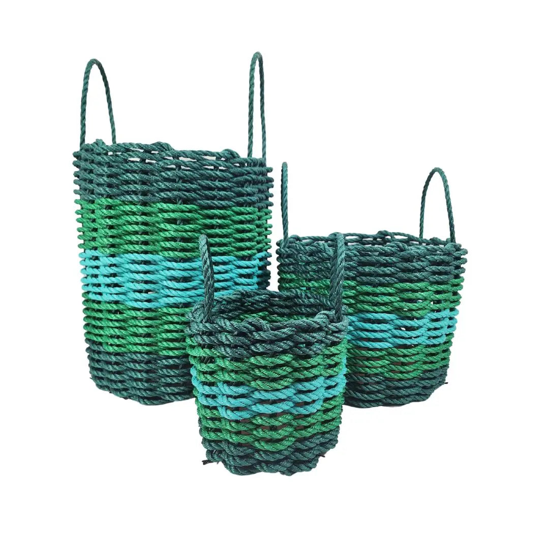 Five Stripe Rope Storage Basket in Hunter Green, Green, and Teal colors by Little Salty Rope