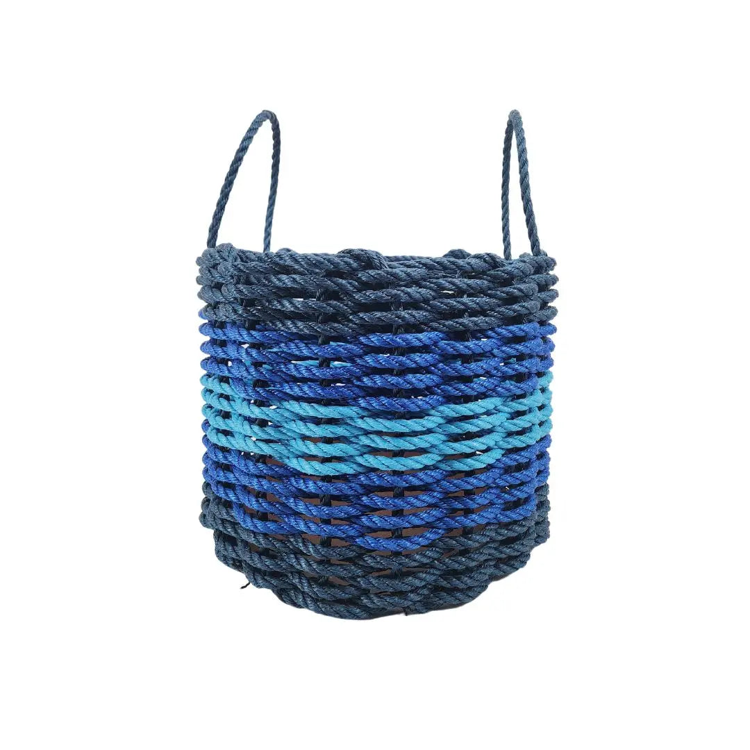 Five Stripe Rope Storage Basket in navy blue, blue, and light blue colors