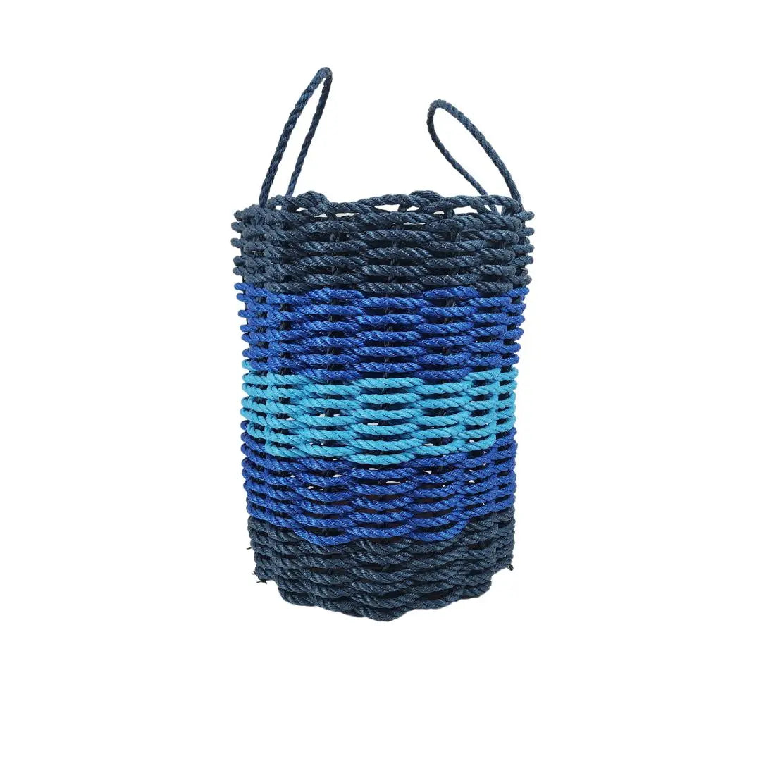 Five Stripe Rope Storage Basket in navy blue, blue, and light blue colors