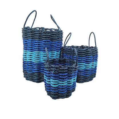 Five Stripe Rope Storage Basket in navy blue, blue, and light blue colors