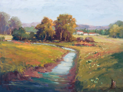 Flowers Along the Creek Artist Enhanced Canvas Print hung on a wall, showing vibrant floral coastal landscape colors in 24x30 size