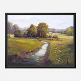 Landscape painting of a creek winding through green fields with trees and a few small buildings in the background under a cloudy sky.