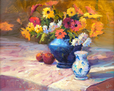 Flowers with Blue Vase Artist Enhanced Canvas Print by John Beard Collection - main product image for Resin Society