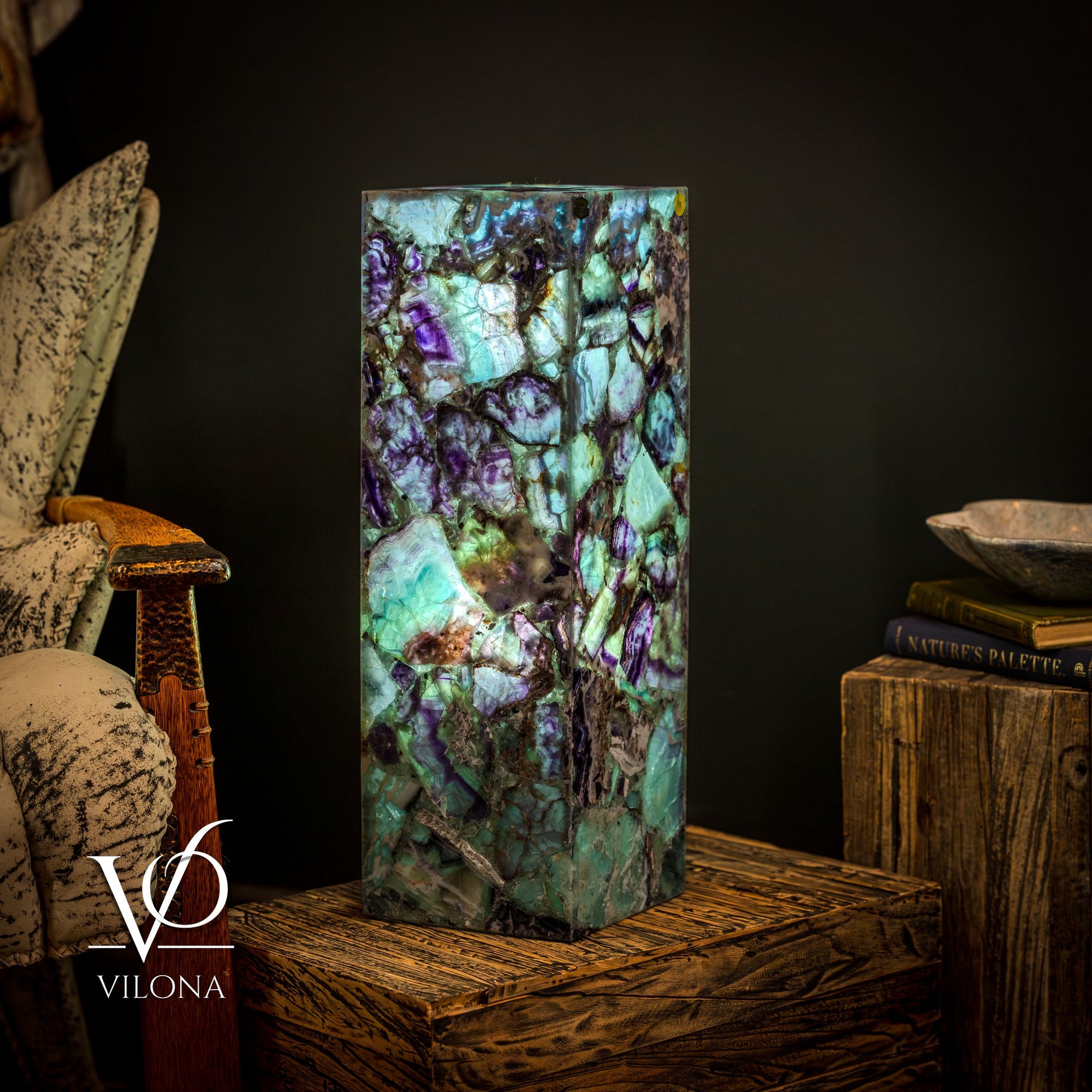 Fluorite Crystal Table Lamp - 24" Tall, 8x8" - Square Closed Top by Vilona Onyx - main product image for Resin Society