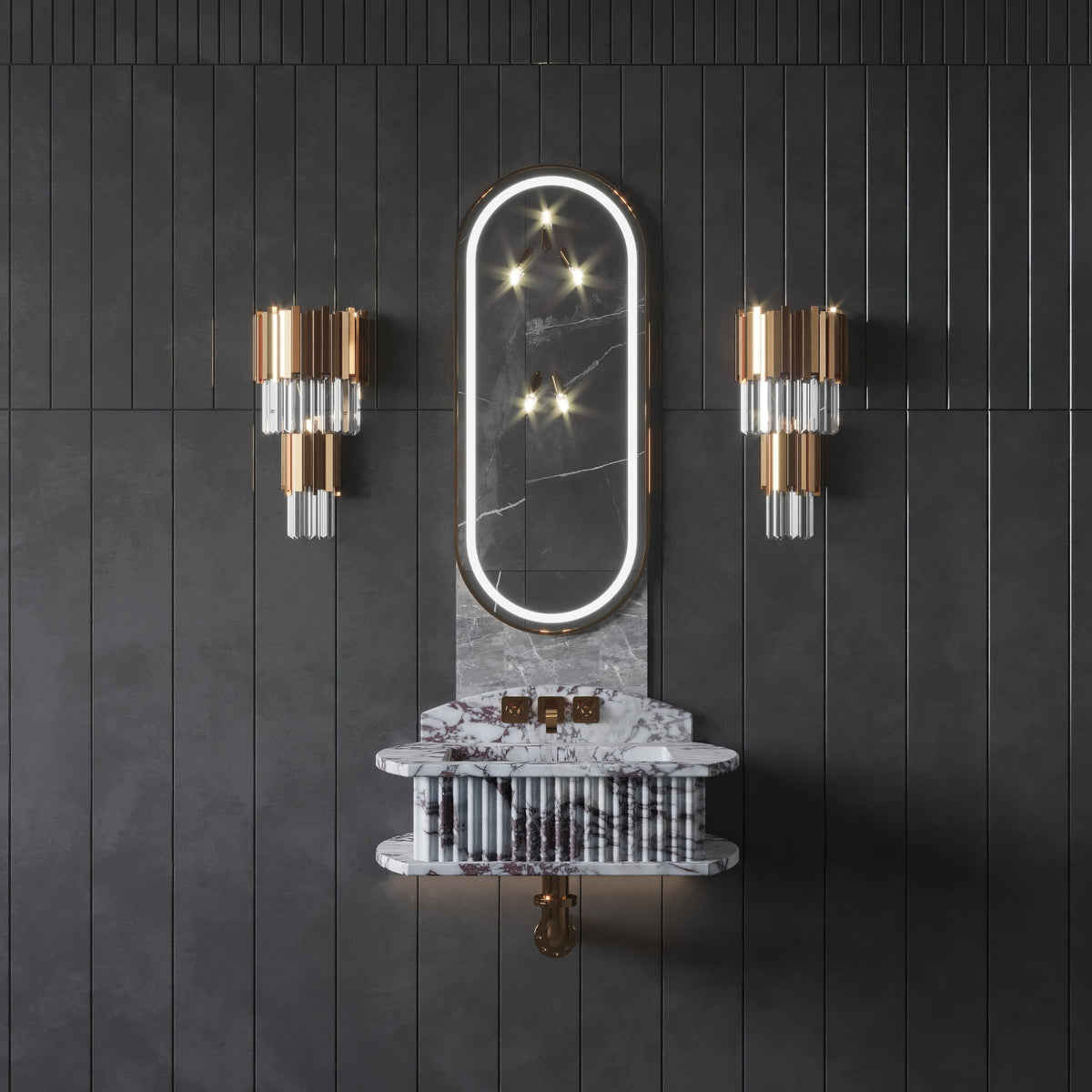 Oval backlit mirror above a white and grey fluted marble sink with rounded edges, mounted on a dark vertical paneled wall with symmetrical gold and glass sconces.