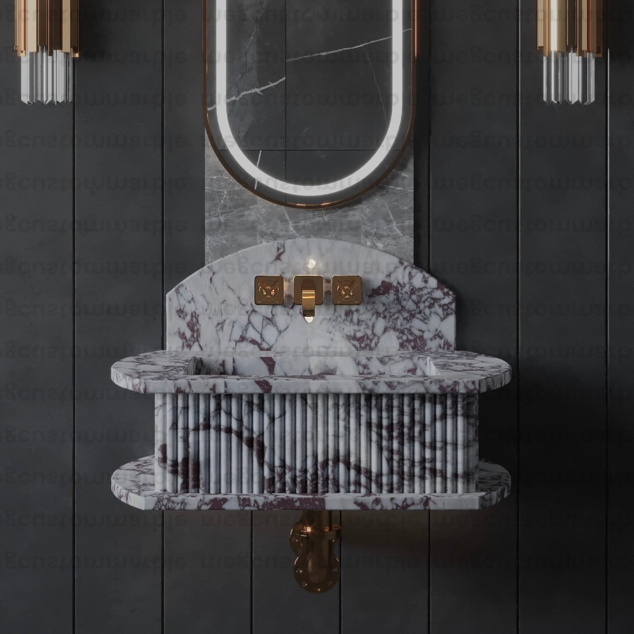 Bathroom fluted marble sink in oval shape with Calacatta Viola veining displayed on wall mount