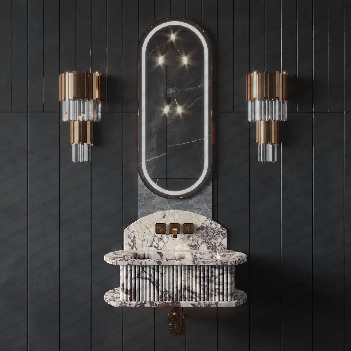 Wall-mounted fluted marble sink with white and purple veins, featuring a rounded rectangular mirror with integrated LED light and two gold and crystal sconces on a dark paneled wall.