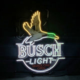Neon sign with a yellow and green outline of a flying duck above the white text 'BUSCH LIGHT' and small red text 'QUACK ONE OPEN' beneath it.