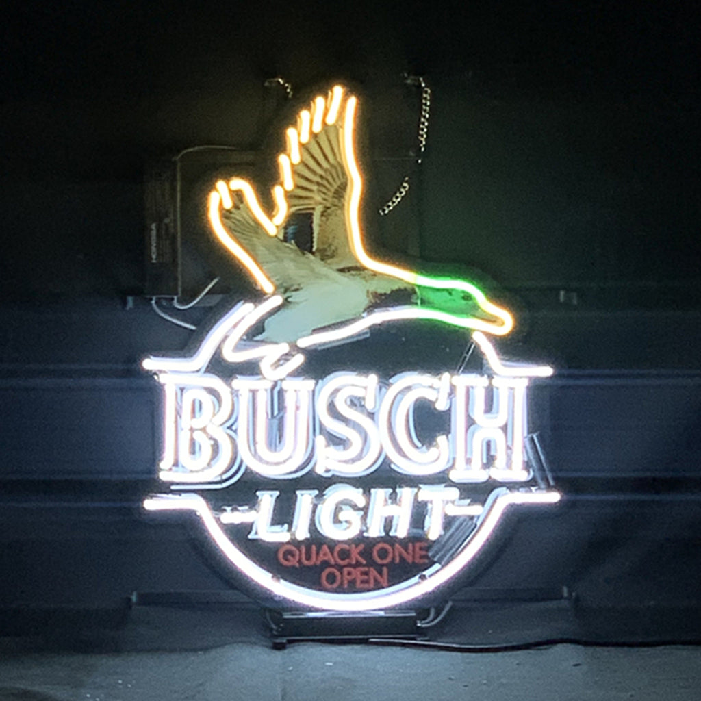 White Busch Light Flying Duck Quack One Open Neon Sign illuminated indoors