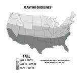 Map of the contiguous US showing fall planting dates in three shades: August 1–September 1 in the northernmost zone, August 15–September 30 in the middle zone, September 1–October 15 in the southern zone.